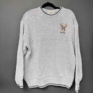 Men's Large knit embroidered buck deer stag Outfitters crewneck sweater  Gray